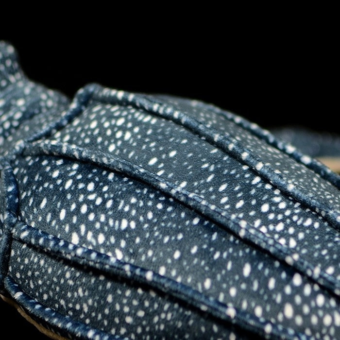 Detailed view of the leatherback sea turtle plush shell, showing its lifelike ridges and spotted pattern
