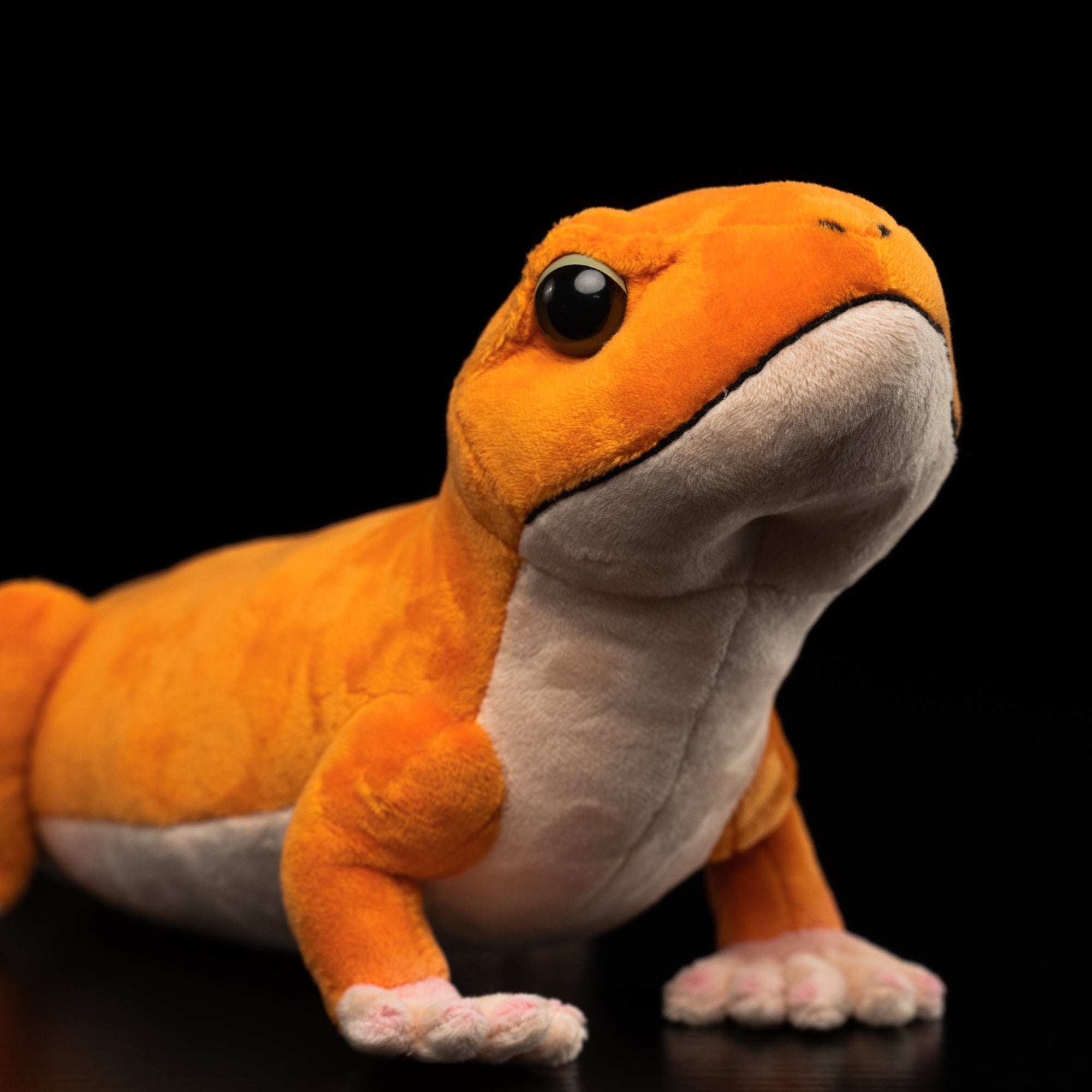 Close-up of the adorable head of a lifelike Amel Patternless African fat-tailed gecko plush toy, featuring soft texture and charming details by SoftDaysLab