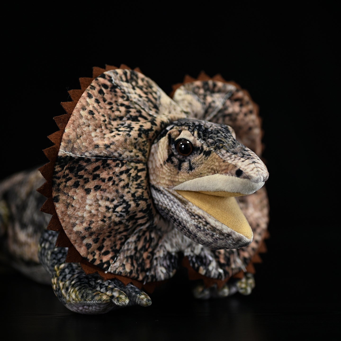 Close-up of a frilled neck lizard plush head, showcasing its lifelike eyes, textured skin, and vibrant frill design