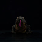 Front view of a Komodo dragon plush toy showcasing its lifelike tongue and intricate details