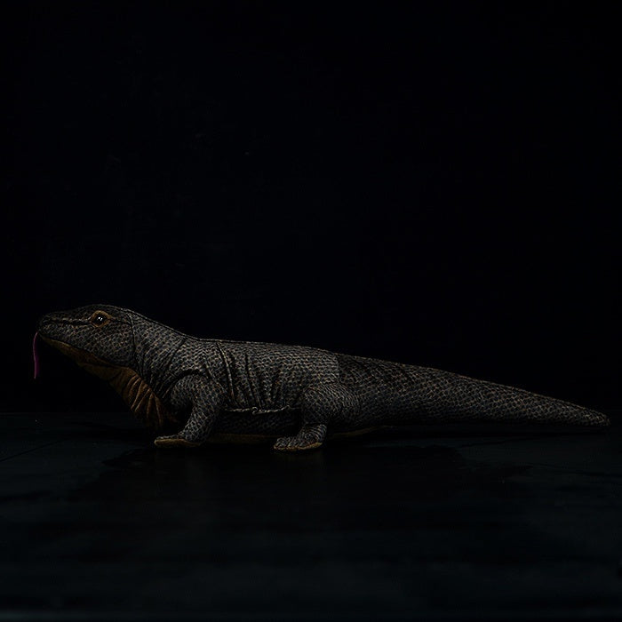 Side profile of a Komodo dragon plush toy with a realistic scaly texture and lifelike appearance