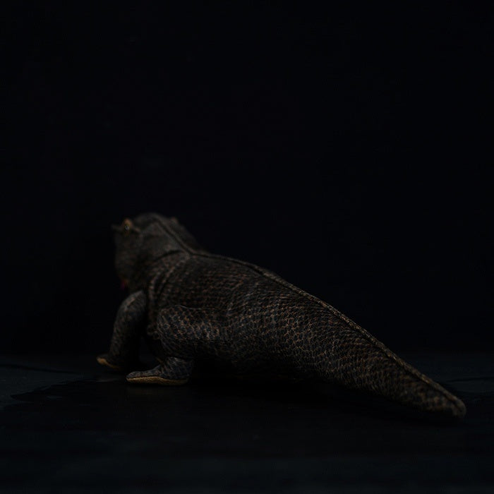 Rear view of lifelike Komodo dragon plush toy highlighting its detailed tail and textured skin