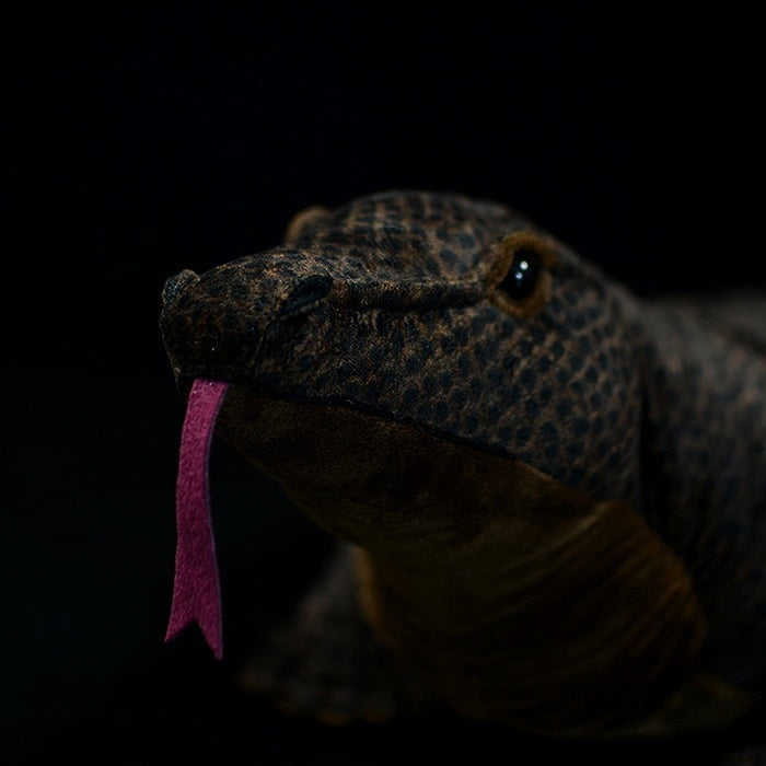 Close-up of Komodo dragon plush toy’s face, featuring lifelike eyes and a pink tongue