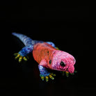 Side angle of a Spider-Man Agama plush showcasing its colorful red, blue, and green tones in lifelike detail