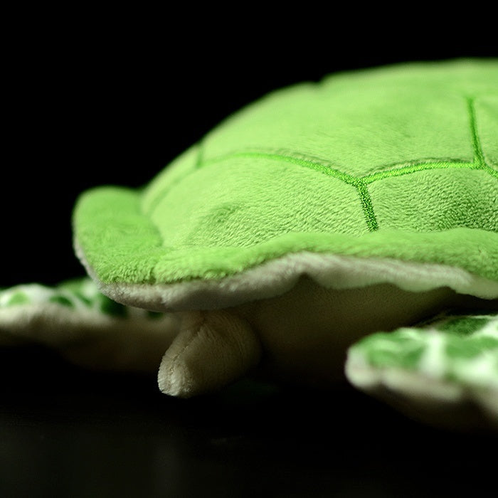 Close-up of a soft green sea turtle plush shell and tail, showcasing its realistic texture and lifelike stitching details