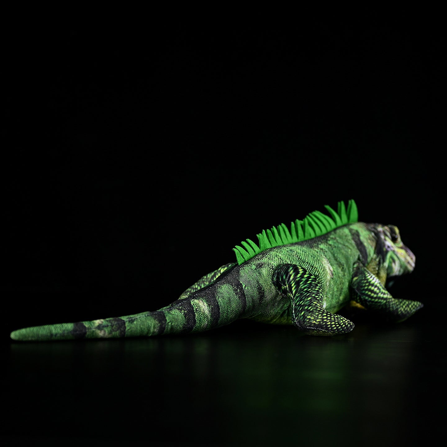 Rear view of a realistic green iguana plush showcasing its patterned tail and lifelike body details