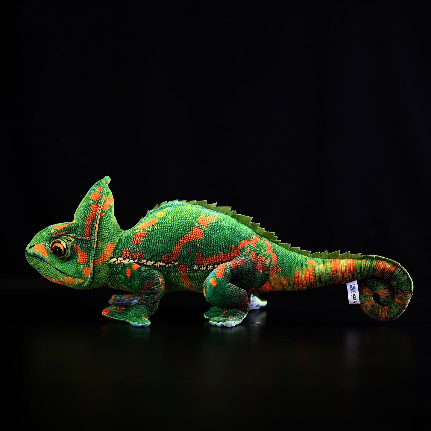 Side view of a lifelike veiled chameleon plush toy with realistic patterns by SoftDaysLab