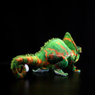 Back view of a veiled chameleon plush toy highlighting its curled tail and detailed scales