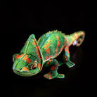 Close-up side angle of a veiled chameleon plush toy with lifelike features and vibrant textures