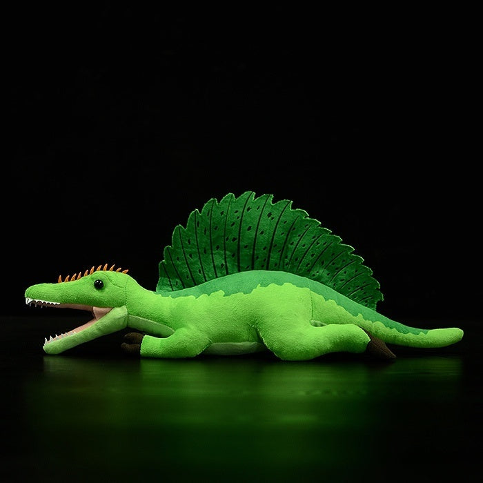 Full side profile of Spinosaurus dinosaur stuffed animal with realistic tail and dorsal sail