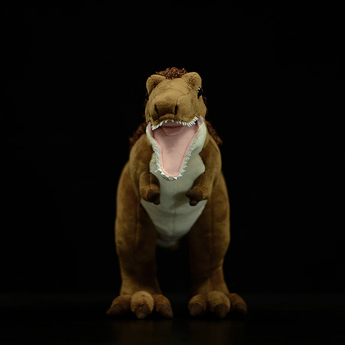 Front-facing Yutyrannus plush toy by SoftDaysLab® with an open mouth, perfect for dinosaur fans