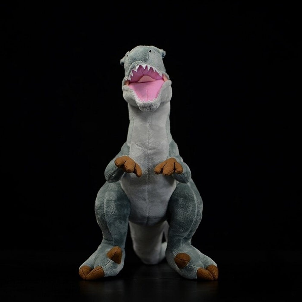 Front-facing view of SoftDaysLab® Velociraptor plush, showcasing playful expression and lifelike design