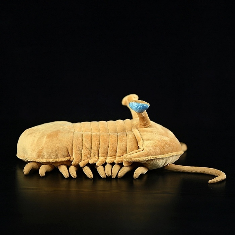 Side view of Asaphus Kowalewskii trilobite plush toy showcasing long eyestalks and segmented body by SoftDaysLab